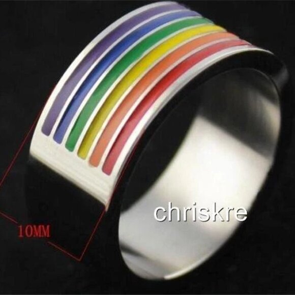 Rainbow Stainless Steel Ring Band Size 11 12 Gay Pride LGBTQ Mens Womens Silver - Picture 2 of 2